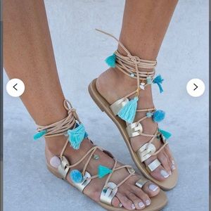 NWOT Boho gladiator lace up Pom Pom sandals